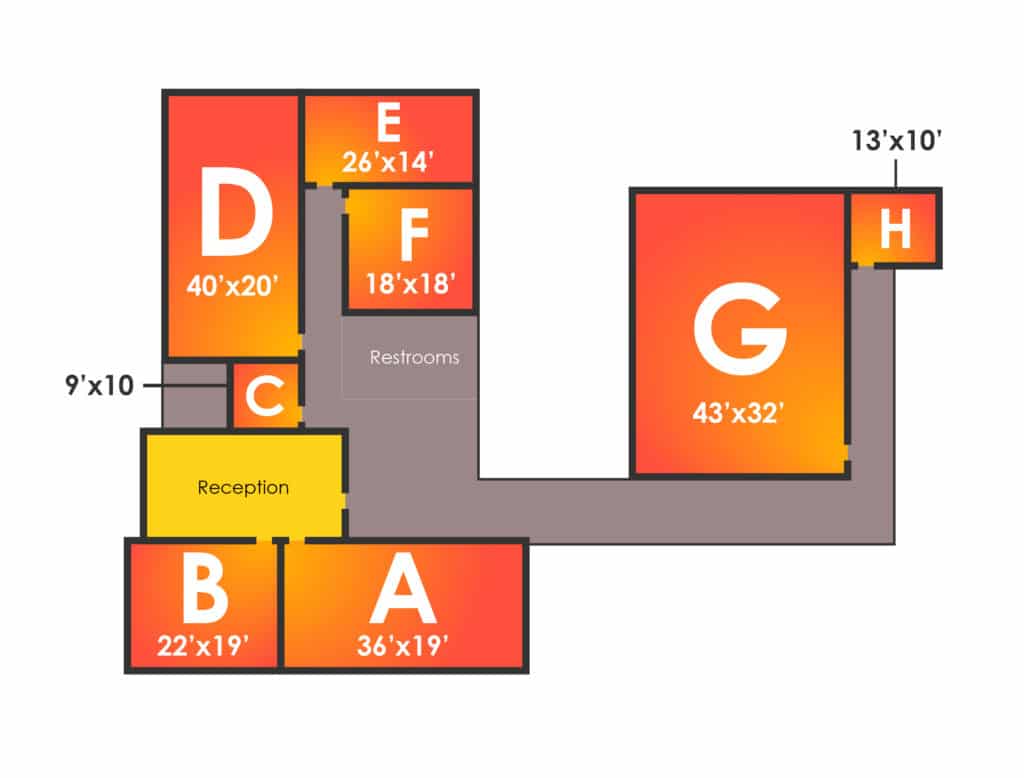 Facility floor plan showing eight studios: A (36'x19'), B (22'x19'), C (10'x9'), D (40'x20'), E (26'x14'), F (18'x18'), G (43'x32'), H (13'x10').